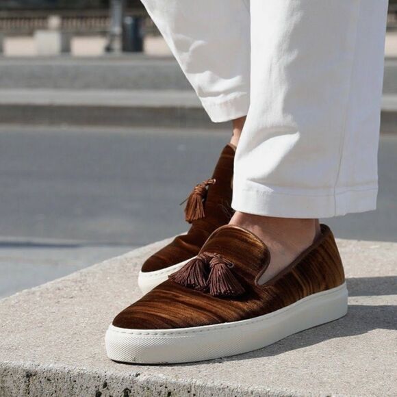 Superglamourous LOUIS Wrinkle Velvet Skate Style Slip On Shoe in Caramel - Picture 1 of 16